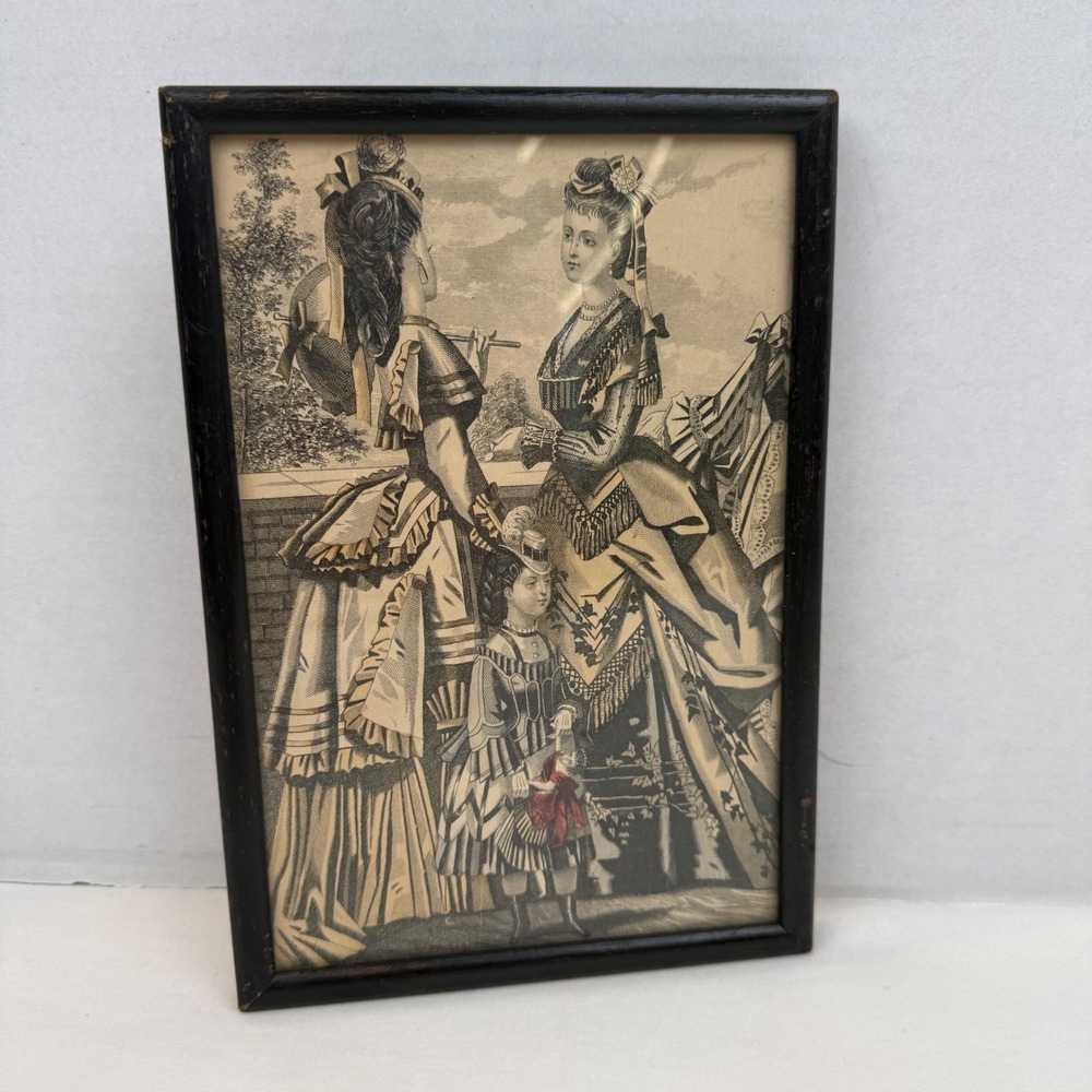 Antique Victorian Fashion Plate Lithograph Framed Black White Engraving Art